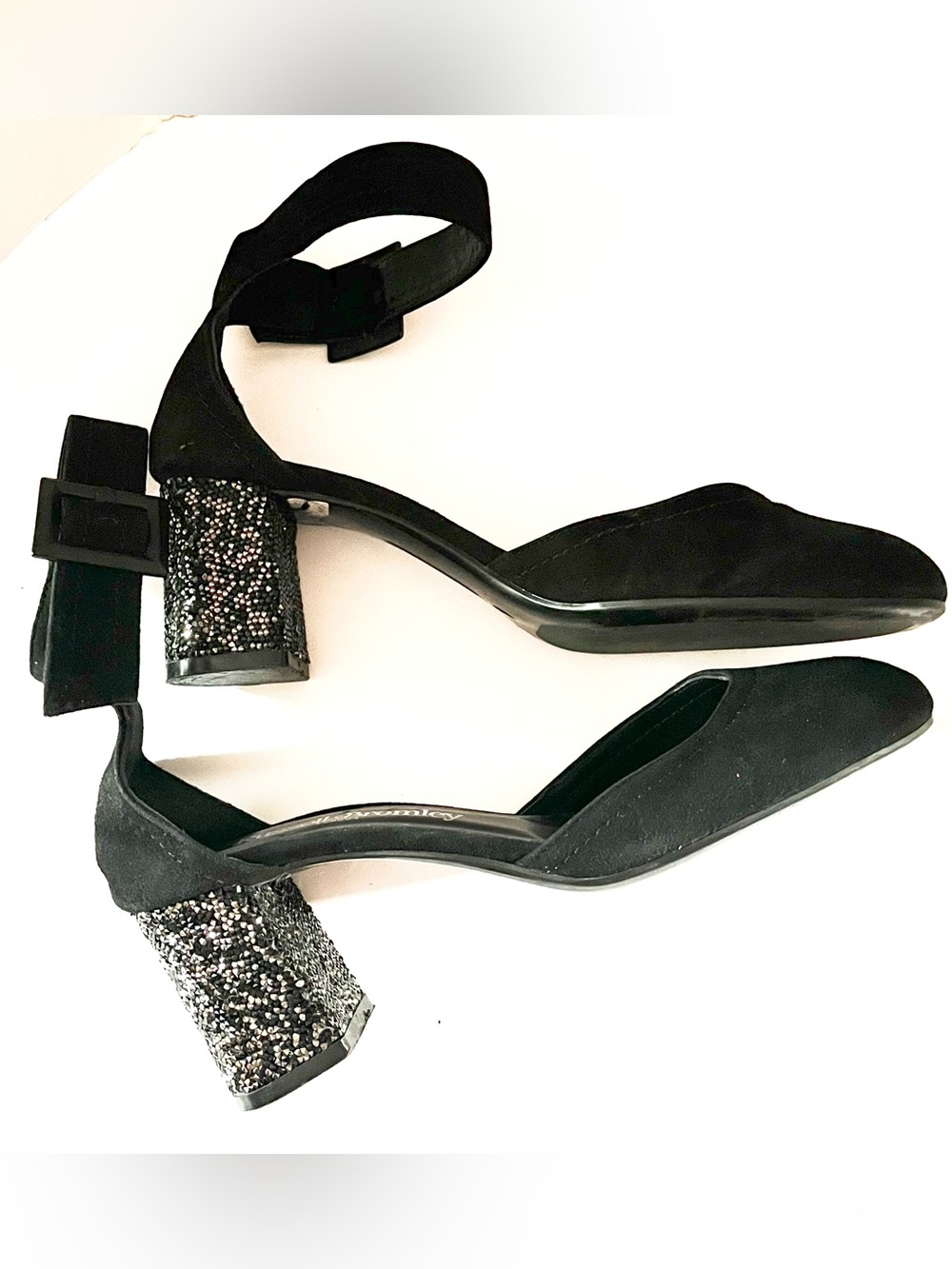 Russell & Bromley Ladies Black Suede Glitter Block Heel Ankle Strap Shoes